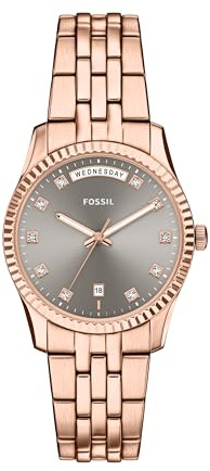 Fossil Scarlette Damenuhr, 32 mm, Dreizeiger-Quarzwerk, Datumsanzeige, Edelstahl-Armband