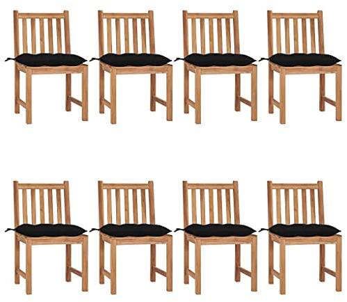 Mokuyary Trädgårdsstolar, set om 8 med kuddar, massivt trä, teak, balkongstol, terrassstolar, matstolar för terrass, trädgård, balkong – E