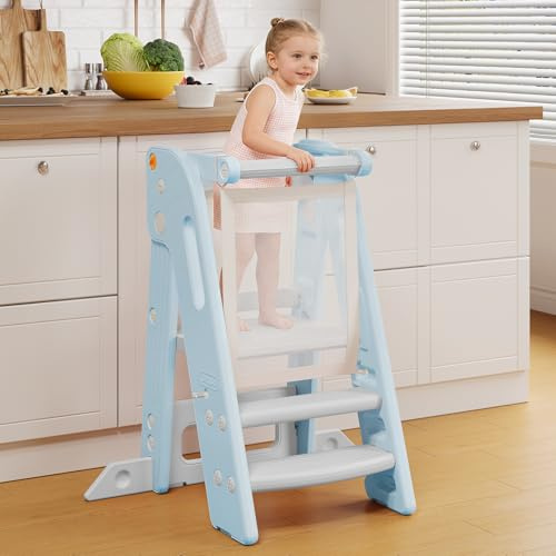 Onasti Lernturm für Kinder, Klappbar, Höhenverstellbar, Lernturm ab 1 Jahr mit Kippschutz & Anti-Rutsch-Trittfläche, Learning Tower, für Küche | Badezimmer | Waschbecken (Blau)