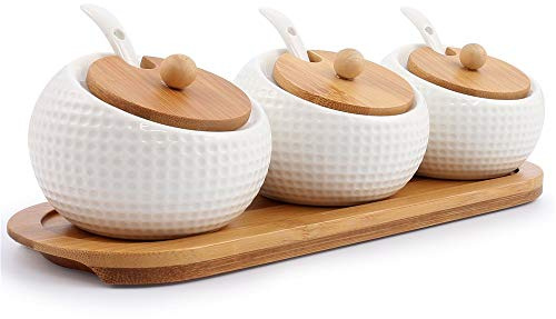 Porcelain Condiment Jar Spice Container with Lids - Bamboo Cap Holder Spot, Ceramic Serving Spoon, Wooden Tray - Best Pottery Cruet Pot for Your Home, Kitchen, Counter. White,170 ML (5.8 OZ), Set of 3