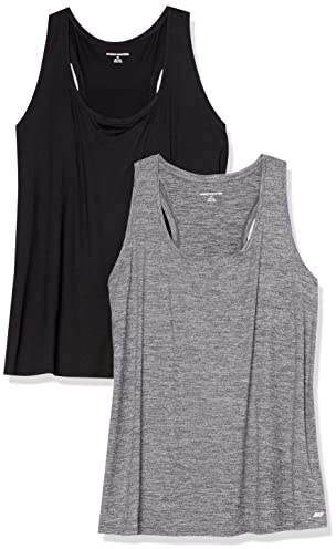 Amazon Essentials Top Deportivo sin Mangas de Secado Rápido, Elástico, Espalda Cruzada y Cuello Redondo Mujer, Paquete de 2, Gris Oscuro Teñido Multicolor/Negro, M