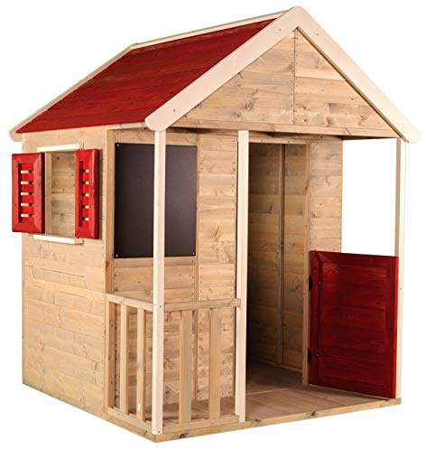Wendi Toys casetta in legno per bambini 120×120×155 cm con persiane e lavagna, casetta da giardino esterna resistente alle intemperie, legno certificato FSC, colore rosso, 3–7 anni - M5R