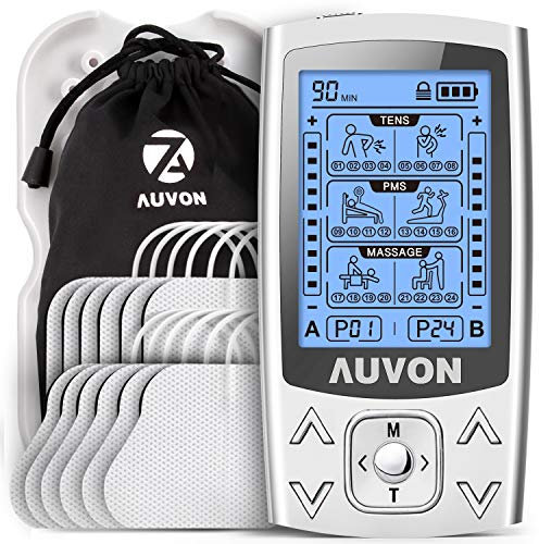 AUVON TENS EMS Gerät, 2 Kanäle und 24 Modi 3-in-1 Reizstromgerät mit 12 Stücke 2x2 TENS Elektroden Pads mit patentiertem Design zur Schmerzlinderung & Muskelaufbau am Rücken, Schultern usw.