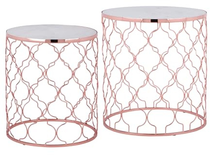 WOMO-DESIGN Beistelltisch 2er Set Phoenix I Ø40/Ø45 cm, in Weiß Banswara Marmor/Kupfer Metall, Wohnzimmertisch Marmor Optik/Kupfer Metallgestell, Unikat, handgefertigt, Couchtisch Glastisch Sofatisch