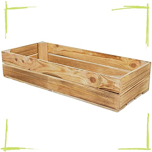 Vintage Möbel 24 GmbH Flache Holzkiste Ordnungsbox Geschenkkiste Ablageregal natur, weiß und geflammt (Schublade/Geflammt/66x29x13,5cm)