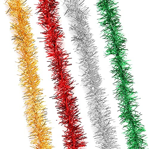 BELLE VOUS 4 STK Mehrfarbiges Kunststoff Tannenbaum Lametta - 3 m Lang, 15 mm Dünne Glitzernde Weihnachtsbaumschmuck Girlande - Weihnachtsdeko Girlanden Rolle für Weihnachtsbaum- & Feiertagsdeko