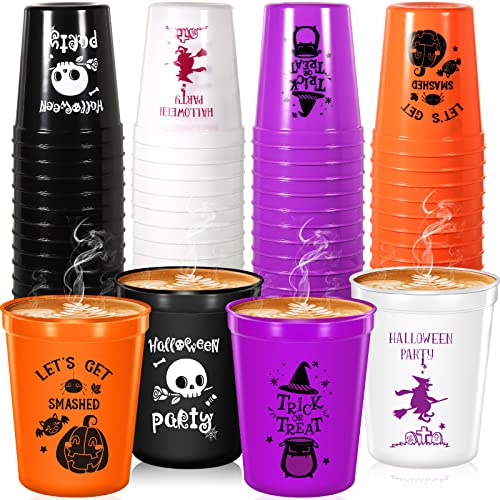 Meanplan 60 Pcs Plastic Halloween Cups Bulk 12 oz Reusable Party Drinking Cups Pumpkin Skull Witch Ghost Trick or Treat for Happy Halloween Holiday Favor Supplies