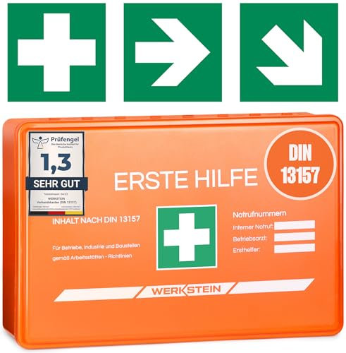 WERKSTEIN® Erste Hilfe Verbandskasten inkl. Wandhalterung [DIN 13157:2021] - Erste Hilfe Kasten für Betrieb, Büro & Zuhause - Erste Hilfe Koffer - Verbandsmaterial - Notfallbox - First Aid Bag