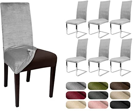 BEAUTEX Stuhlhussen Samt Stretch Stuhl & Schwingstuhl 6er Set Hellgrau LEA | 95% Polyester, 5% Elasthan, weiche Velours-Oberfläche, Rundum-Gummizug, 30 °C waschbar, faltenarm, formstabil & langlebig