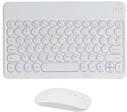 KeautFair Ipad Bluetooth Keyboard and Mouse Set,QWERTY Layout Round Keys Wireless Rechargeable 10“Ultra Slim Cordless 1200DPI for Windows/iOS/Android PC/Laptop/iPad/Smartphone(White)
