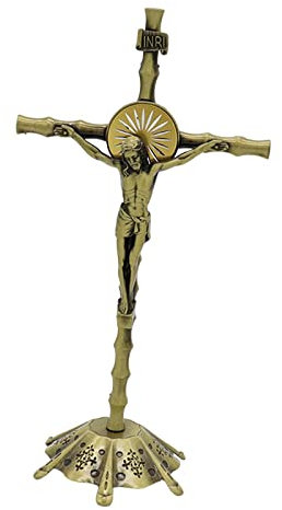 Milageto Stehendes Kruzifix mit Sockel, Kruzifix-Figur-Statue, Gebets-religiöse Tischkreuz-Statue, Kruzifix-Wandkreuz für Schrank, Heimdekoration, Bronze