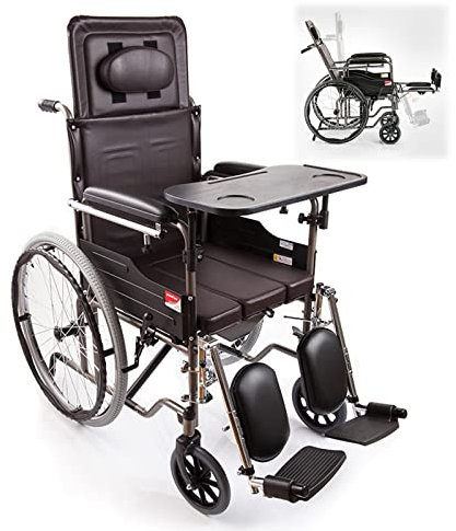 Fauteuil roulant inclinable à dossier haut avec toilettes et repose-pieds relevable, chaise percée de chevet légère pour personnes âgées et handicapées – Chaise de douche pliable et pot pour adulte