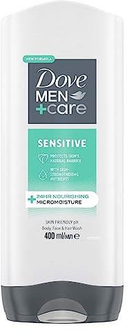 Dove Men+Care Sensitive 3-in-1 Hair, Body and Face Wash Body Cleanser shower gel with 24 hour nourishing MicroMoisture technology for healthier, smoother-feeling skin 400 ml