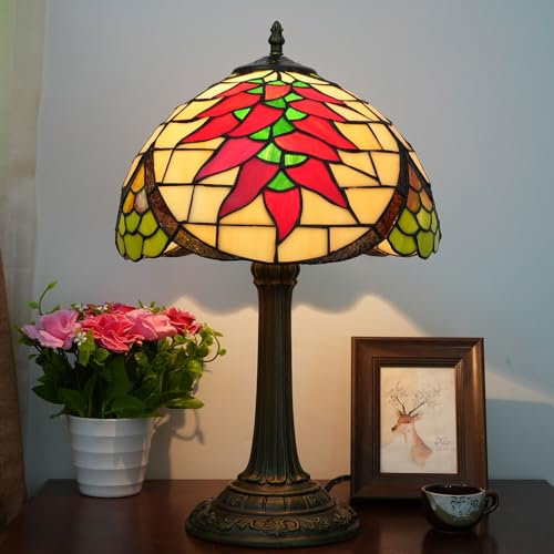 BOTOWI Tiffany Tischlampe 12 Zoll Buntglaslampe Nachttisch Lesetischlicht Vintage Nachtlampe, antike Kunst Handwerk Geschenke Liebhaber Kind Wohnzimmer Schlafzimmer Studie Bücherregal Büro,Rot