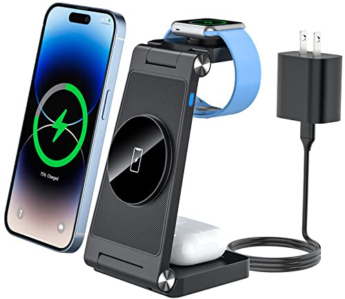 SUTOUG 3 in 1 Wireless Charger Mag-Safe Ladestation mit 18W AC Adapter Kompatibel für iPhone 15/14/13/12 Pro Max Plus, Flodable Reiseladestation für Apple Watch und Air Pods