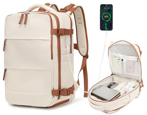 Kono Cabin Bag 42x30x20 for Easyjet Underseat 25L Travel Backpack Waterproof Carry-ons Bag Hand Luggage Bag Laptop Rucksack with USB Charging Port and Shoe Compartment (Beige & Brown)