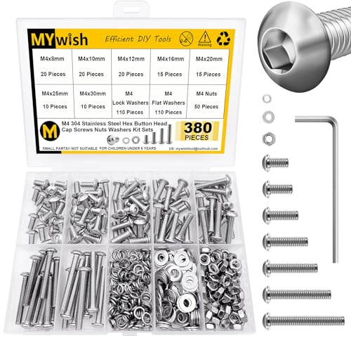 Mywish 380 Pcs M4 Screw Nuts and Bolts Assortment Kit, 304 Stainless Steel Button Head Socket Cap Metric Screws Bolts, Spring & Flat Lock Washers/Nuts/Hex Wrenches, M4*8/10/12/16/20/25/30