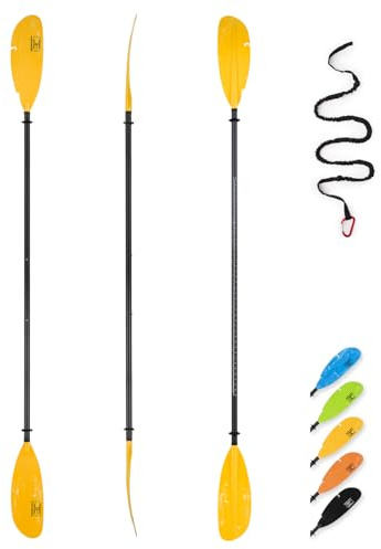 OCEANBROAD Verstellbares Kajak-Paddel aus Karbonfaser – 240 cm - 250 cm - 260 cm, Karbonfaser-Schaft, Paddel, Kajakfahren, Angeln, Ruder mit Paddelleine, Gelb