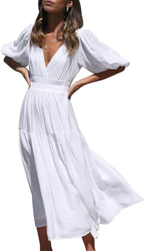 MessBebe Women's Summer Maxi Dress Puffy Sleeve V Neck Boho Party Beach Tiered Ruffle Flowy Long Smocked Dresses