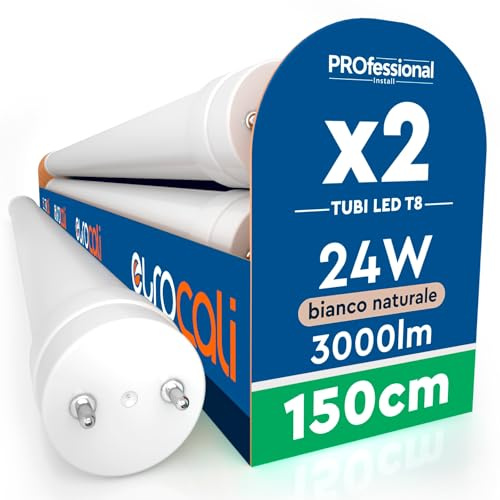 2 Tubi LED 24W 150cm T8 G13 SMD con Starter 3000 Lumen Garanzia 3 Anni - Luce Naturale 4000K - Alta Luminosità 125 lm/W - Sostituzione Neon per Soffitto Garage e Negozio in Materiale Nano Plastic