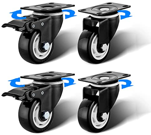 XXOBAZLF Leise Möbelrollen, TPE-gummierte Trolley-Räder, Schwarze Lenkrollen mit 2 Bremsen, Hochleistungsrollen, bodenschonende Räder (4 Stück), 2 Bremsen + 2 Bremsen – 3,8 cm