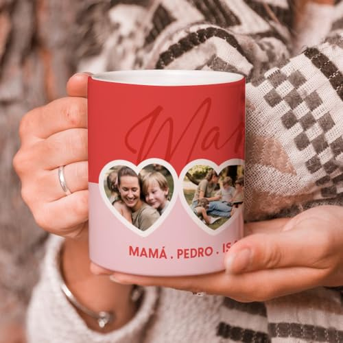 Transparent Gift Taza Personalizada con Fotos y Nombres Corazones. Tazas Originales para Regalar en Día de la Madre. Regalos Personalizados con Foto. Regalos Originales para Mujer. Regalos para Madres