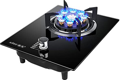 Placa de gas incorporada de 33 cm, panel de acero inoxidable o vidrio negro (fácil de limpiar), con soportes para sartenes esmaltados y FFD, soporte para sartenes de hierro fundido [Clase energé
