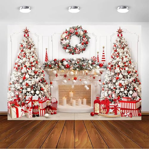 Avezano Roter Hintergrund für Weihnachtsbaum, Kamin, Fotohintergrund für Familie, Kinder, Partydekoration, Fotokabinen-Requisiten (2,1 x 1,5 m)