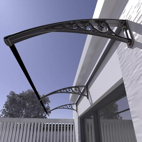 Marquise de Porte d’Entrée,Auvent de Véranda Protection Contre la Neige et le Vent,Toit Marquise en Polycarbonate,Panneau Transparent+Support Blanc,Noir,Gris,Auvent Fenêtre (60x90cm/24x35,Black)