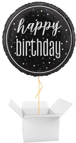 Black Glitz Happy Birthday Holographic Round Foil Helium Balloon - Inflated Balloon in a Box