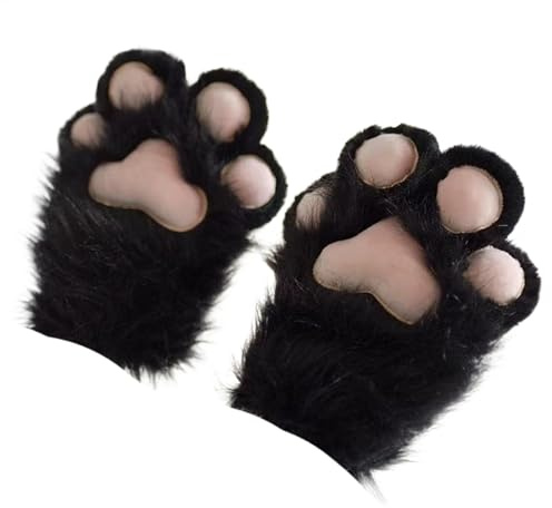 Furry Paws - Guantes De Pierna De Gato De Piel | Mitones De Gato Sin Dedos | Guantes Esponjosos Patas De Gatito Animal Lindo | Guantes De Patas De Gato Equipo De Patas De Mano | Patt, Negro, B