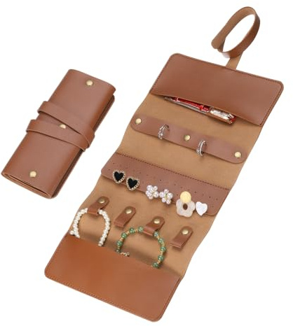 QUARKZMAN Borsa Portagioie Viaggio, Astuccio Portagioie Pieghevole Viaggio Astuccio Portagioie Portatile per Anelli Collane Orecchini Bracciali Conservazione Gioielli, Marrone