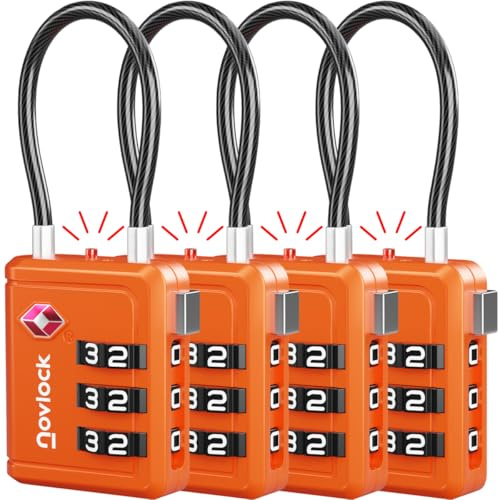 TSA Bagagelås med Alertindikator – Kombinationslås med Flexibelt Kabellås – För Resväskor, Kabinväska, Ryggsäckar, Bagage och Skåp – 4-pack orange