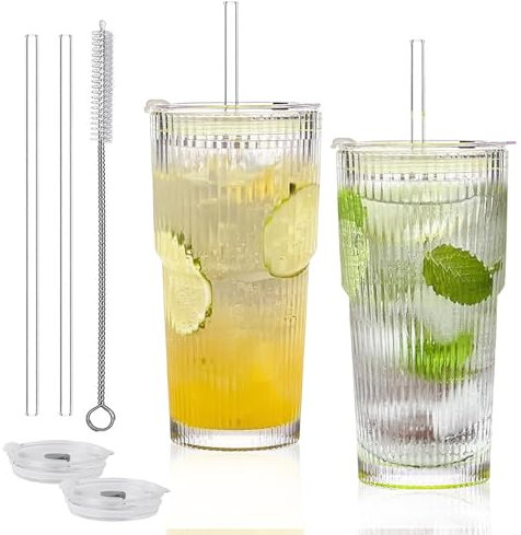 OUGPIU 600ml Gerippte Glasbecher mit Deckel und Strohhalm,Dickwandige und Robuste Glas Smoothie Becher,Luftdicht Wasserdicht Design Kaffeebecher Travel Mug,Eiskaffee Becher,Trinkglas