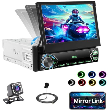 Roinvou Autoradio 1Din mit Ausfahrbarem Bildschirm,7Zoll Manuell Einziehbarer Display 1 Din Radio mit Bluetooth Freisprecheinrichtung FM EQ Type-C 2USB AUX Mirror Link SWC Rückfahrkamera