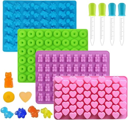 4 moldes de silicona con forma de ositos de goma, molde de silicona para chocolate, forma de corazón, dulces, molde de silicona con 4 pipetas para chocolate, gelatina, chocolate (color aleatorio)