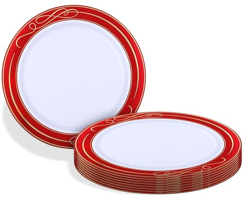 Silver Spoons Bella Collection White with Red Rim Round Plastic Dinner Plates - 10.25 (Pack of 10) - Perfect for Parties, Holidays & Special Occasions