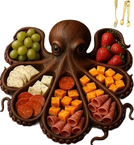 Plato de charcutería de pulpo, tabla de pan de queso con temática oceánica, bandeja de madera con diseño de Kraken, bandeja náutica para queso, carnes y frutas, plato novedoso, regalo único para los