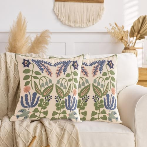 Traziewell Embroidered Cushion Covers Set of 2 Soft Throw Pillow Cover Cotton Pillowcases Modern Home Decor for Sofa Bedroom 18x18 inch 45x45 cm T416
