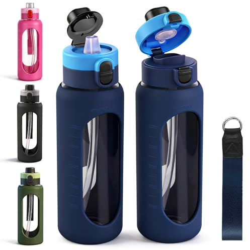 40OZ/1200ml Glass Water Bottle, Large Sports Water Bottle with Dual-Drink Lid Clear Leakproof Glass Bottles with Straw, Motivational Jug with Silicone Sleeve and Time Marker for Travel Gym-Blue