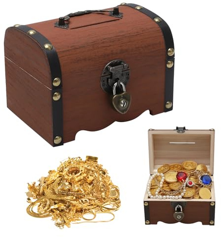 VOSSOT Caja con candado,Cofre del Tesoro de Madera para niños. Hucha pequeña y Creativa con Llave,Caja Madera con Tapa Ideal para Guardar y Decorar, cumpleaños Infantil