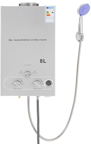 Chauffe-eau instantané à gaz 16 kW avec fonctionnement GPL - Avec pommeau de douche et tuyau de douche - Pression de l'eau de démarrage de 0,15 bar - Pour camping, caravanes, mobil-homes (8 l)