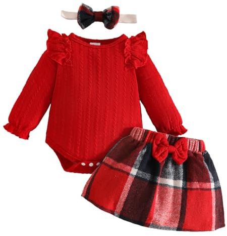 LUVCES Ensemble Nouveau-né Fille Tenue d'Automne Hiver Manches Longues Body Tricoté avec Jupe à Carreaux 3 Pièces Vetement Bebe Fille de Noël 3Pcs Rouge 3-6 Mois