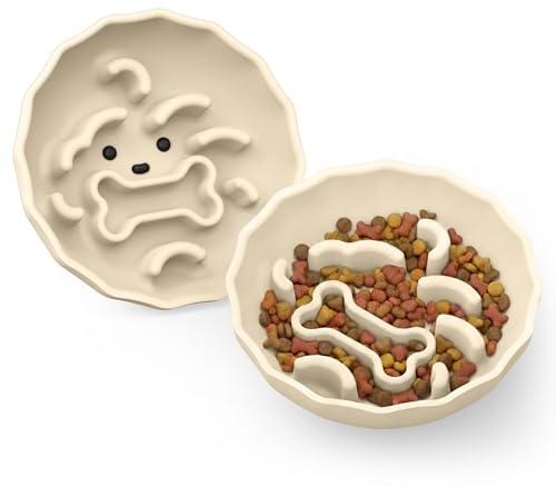 Lunabear Slow Feeder Dog Bowls Made of Premium Food-Grade Silicone, Anti-Choking & Slow Eating for Improved Digestion, Non-Slip, Soft & Durable, Quiet Dog Bowl, Cute, Dishwasher Safe (Ivory, Doggy)