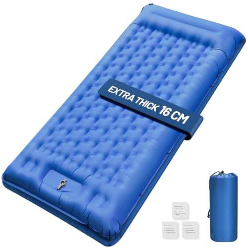 NAPASA Isomatte Camping, 16CM Verdicktes Aufblasbare Matratze mit Eingebauter Fußpresse Pumpe & Kissen, Wasserdicht, Anti-Ripstop Schlafmatte für Wandern, Strand, Reisen, Zelt(Blau)