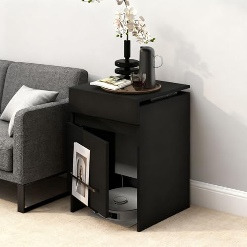 71.5cm Versteckter Staubsauger-Schrank Mit Türen Und Schubladen Klemmschutzdesign Aufbewahrungsschrank Für Saugroboter Einfaches Wasserwechseln Beistelltisch Für Wohnzimmer Küche Schlafzimmer(Black)
