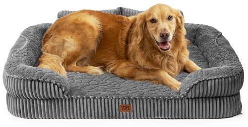 EHEYCIGA Orthopädisches Hundebett Grosse Hunde, 107x76cm, Grau | Memory Foam Waschbar Hundekorb mit erhöhter Rückenlehne, Hundesofa Cord Hundecouch Wasserdicht Rutschfest
