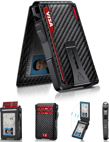 RUNBOX Wallet for Men, Mens Minimalist Wallet Holds 14 Cards, Compact Pop Up Wallet with Dual ID Windows & Money Clip, RFID Blocking Flip Up Card Holder, Metal Aluminum Credit Card Case Bifold Wallet