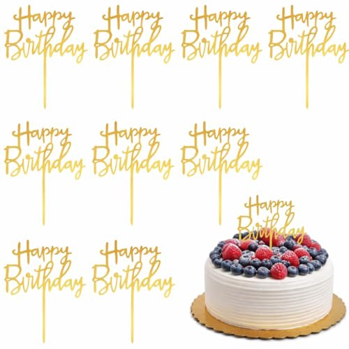 Rurbeder 10 Stück Happy Birthday Tortendeko - Cake Topper, Kuchendekoration, Acryl, Geburtstag, Cupcake, Party, Jubiläen, Dekoration, WordArt, Gold