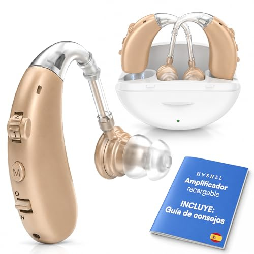 Hasnel Amplificador de Sonido Recargable, Amplificador Auditivo BTE, Estuche Portátil Carga Rápida, 2 Unidades Intercambiables Válidas para Ambas Orejas, Manual en Español, Larga Duración 60 Horas
